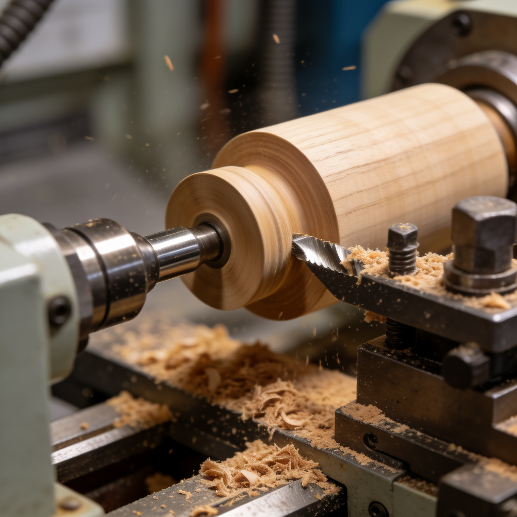 Close-up of CNC wood turning process