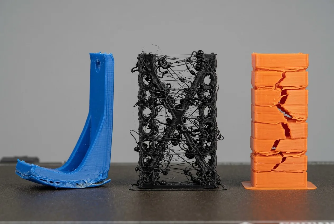 3D printing failure examples: warping, stringing, and layer separation