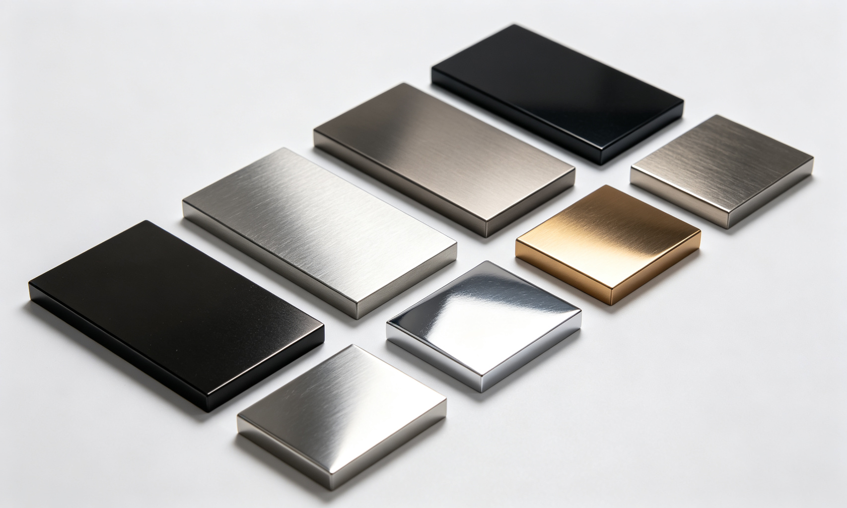 Various surface treatment samples on mold steel including nitriding, DLC coating, TiN, chrome plating, mirror polish, and texture finish
