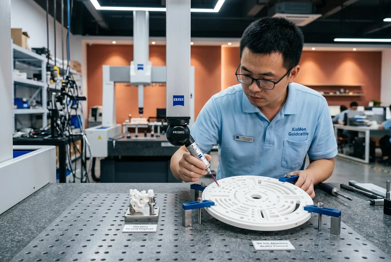Zirconia medical component and alumina semiconductor fixture on inspection table with CMM measurement verification