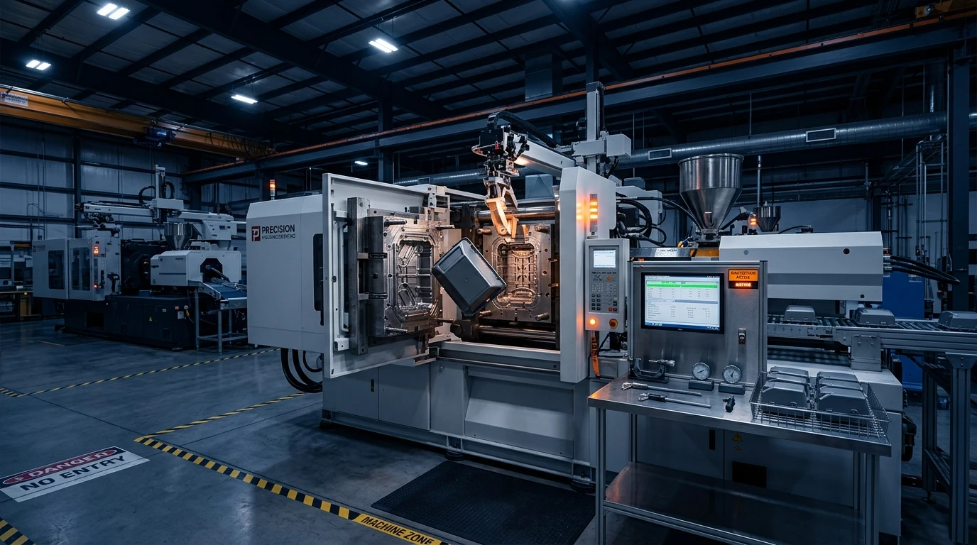 Goldcattle injection molding facility with precision molding machines, quality inspection station and production conveyor