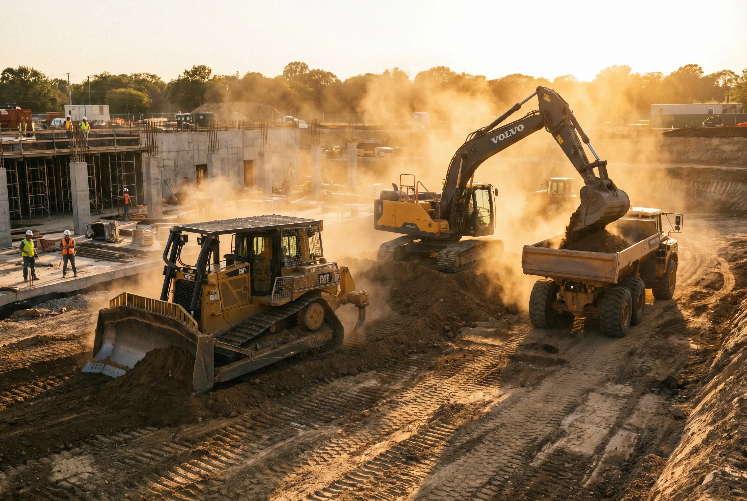 Heavy equipment fleet on construction site