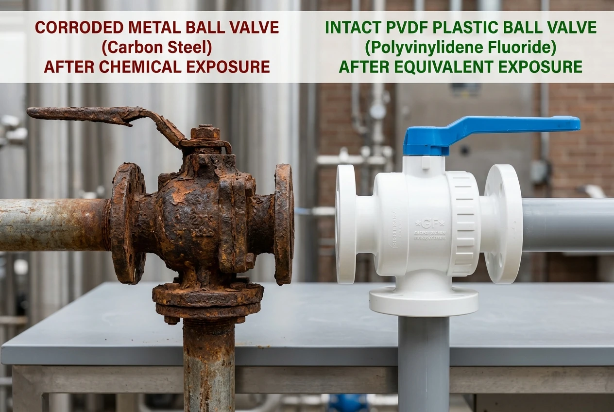 Corroded metal ball valve vs clean intact plastic PVDF ball valve comparison