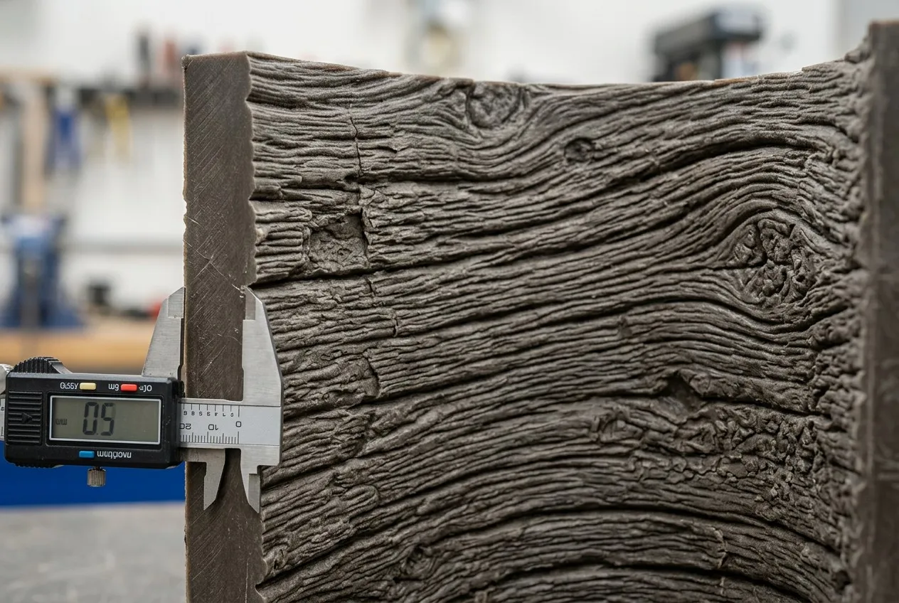 Close-up detail of plastic injection mold interior surface showing realistic wood grain texture pattern and wall thickness cross-section