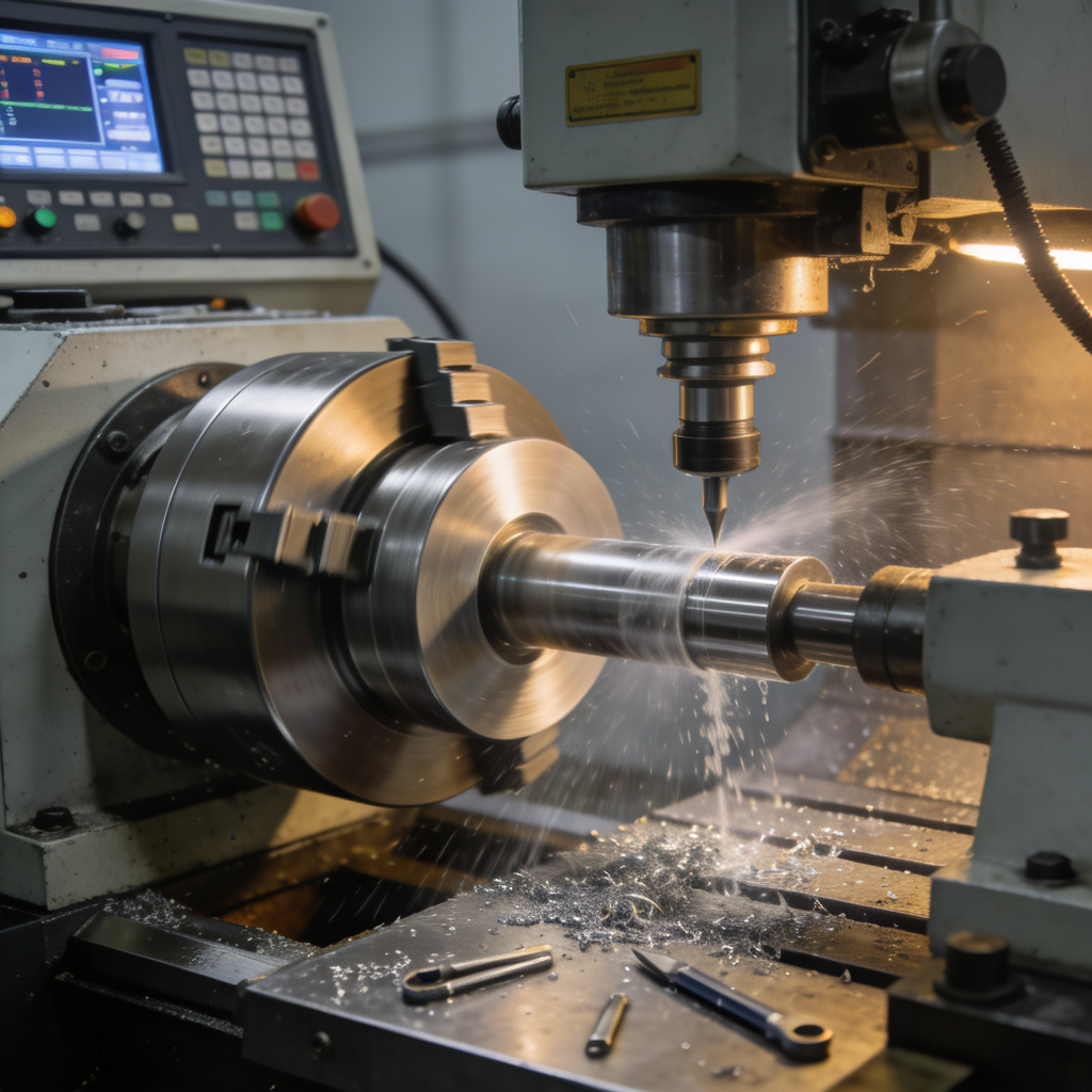 Close-up of a CNC end mill precisely machining a complex slot and pocket geometry in an aluminum part