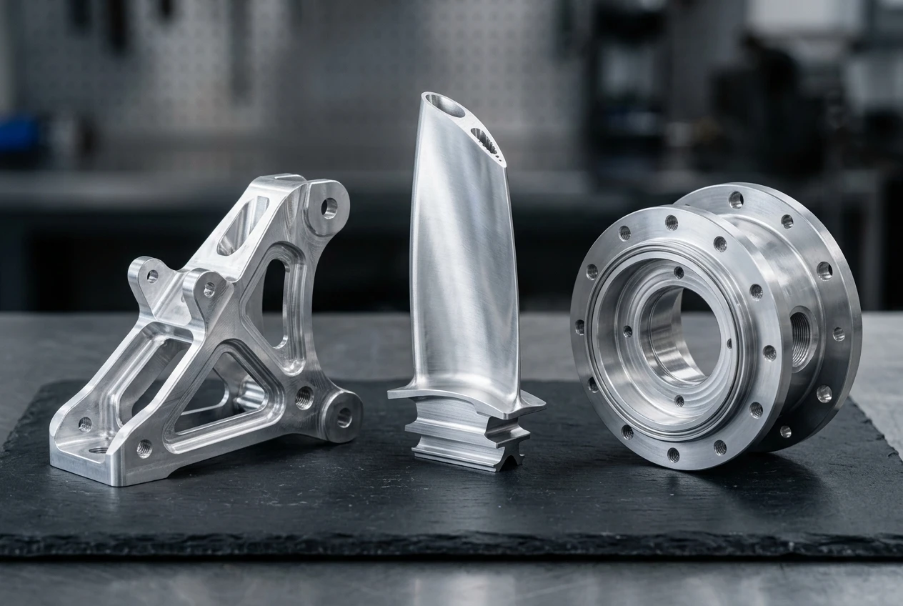 CNC machined aerospace aluminum components: structural brackets, turbine blade profiles, and fuselage connectors