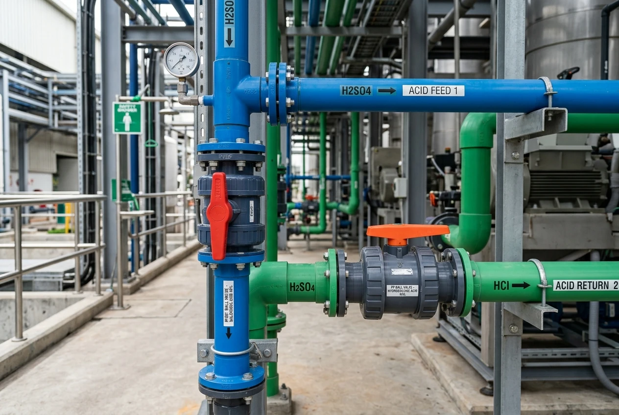 Plastic ball valves in chemical processing plant acid transfer system
