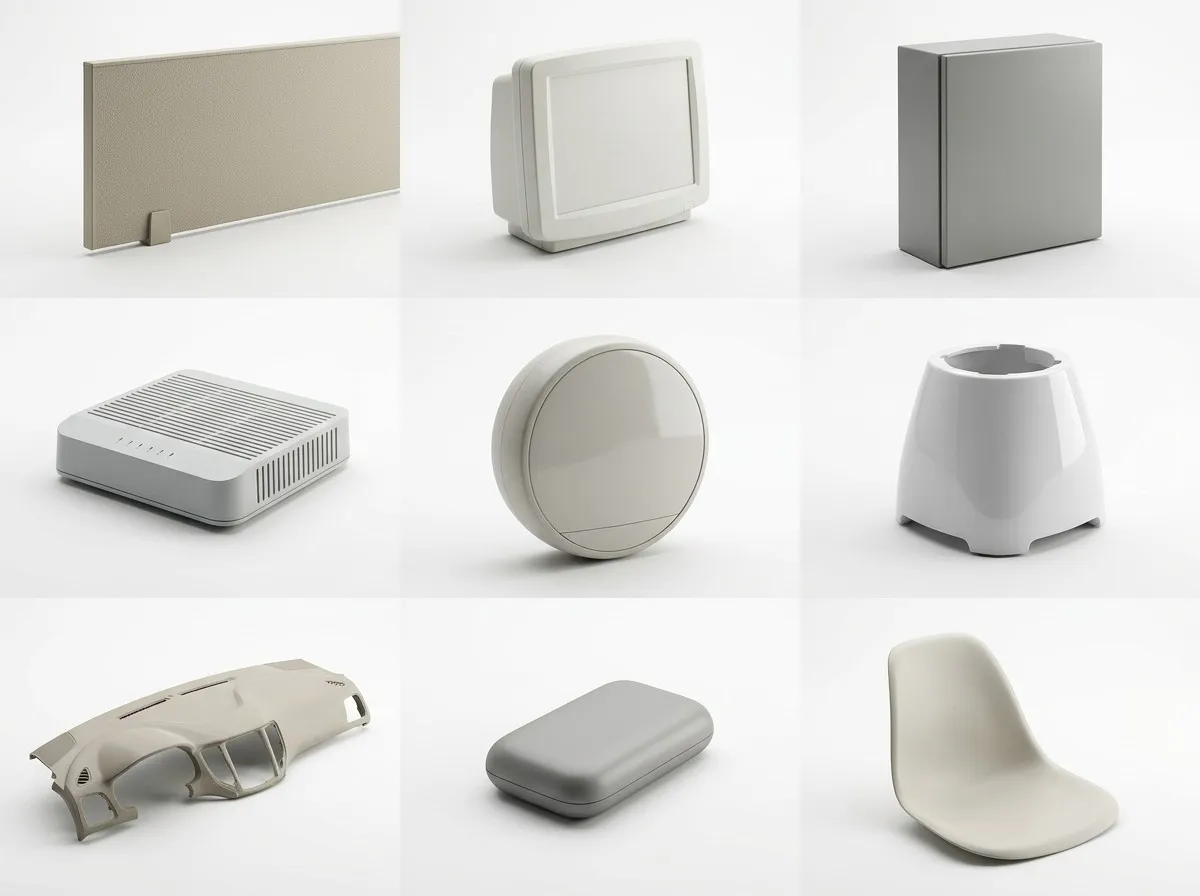 Nine application categories of ABS plastic shell covers showing furniture, medical, industrial, electronics, smart home, appliance, automotive, consumer, and decorative items