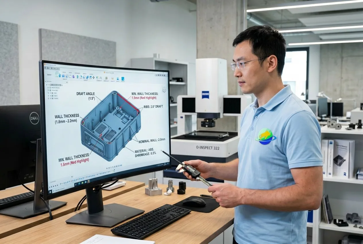 Product designer reviewing DFM analysis for injection molded part