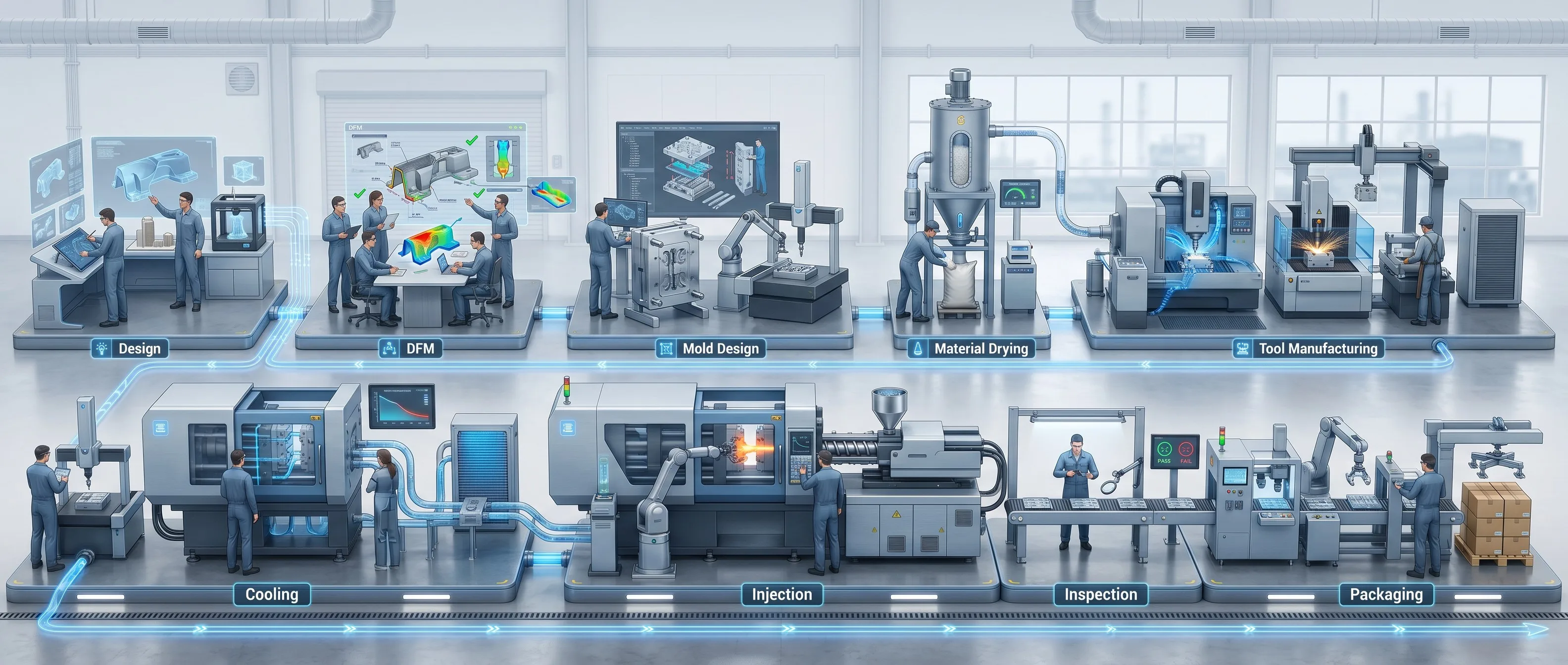 Injection molding process flow from design to packaging