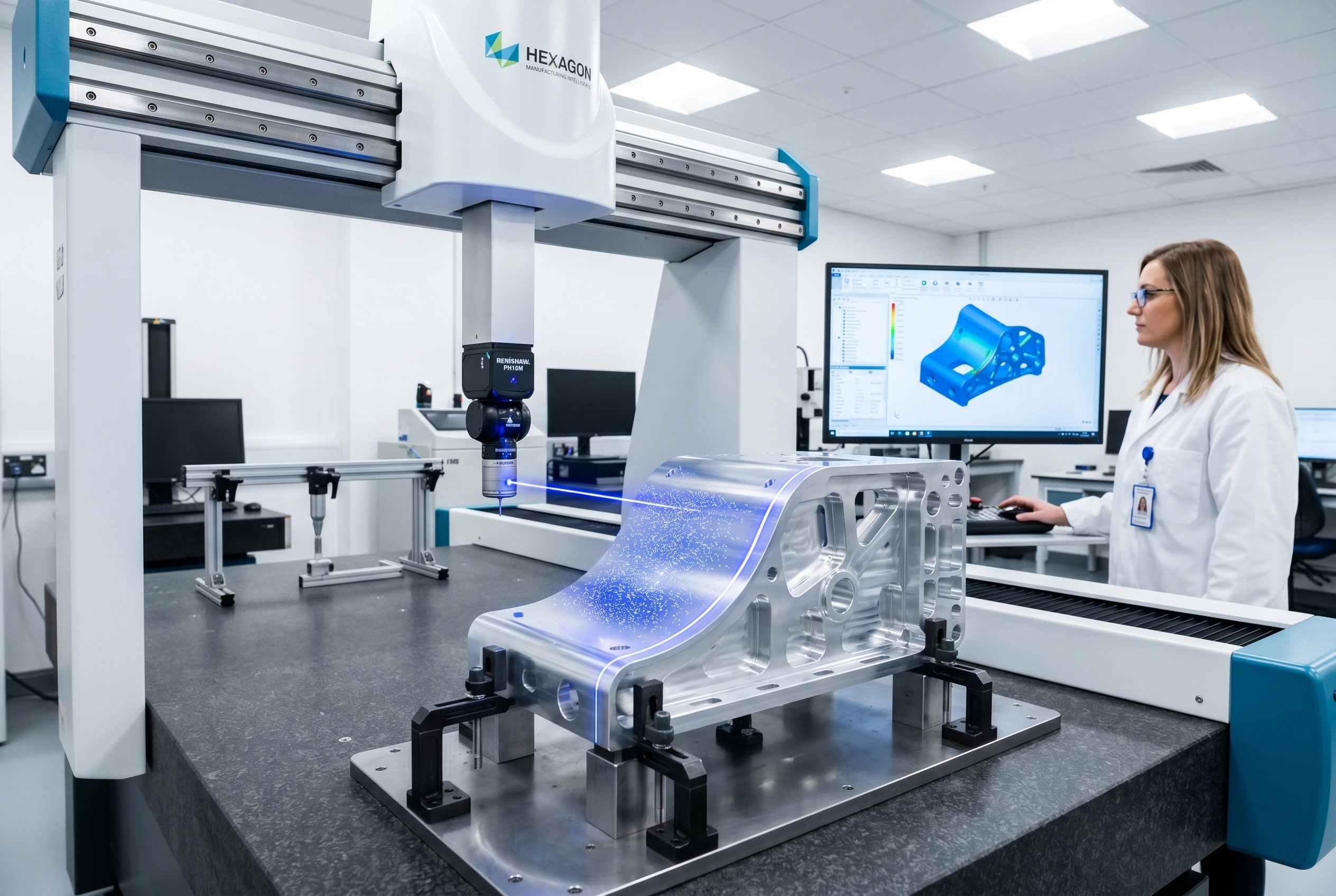 CMM inspection of precision aluminum CNC machined aerospace bracket