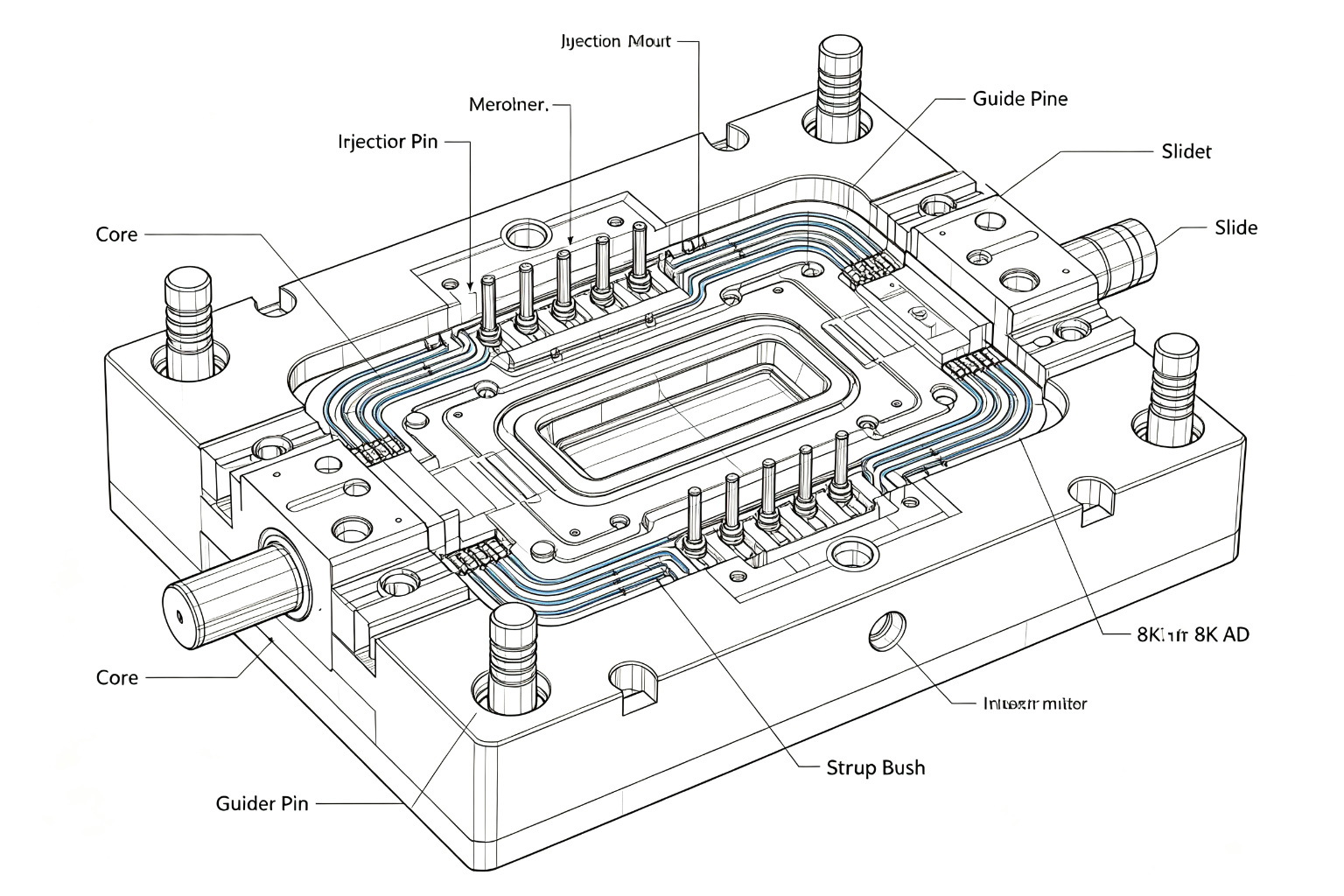 Injection mold cross-section diagram showing core, cavity, ejector pins, guide pins, cooling channels, and slide mechanism