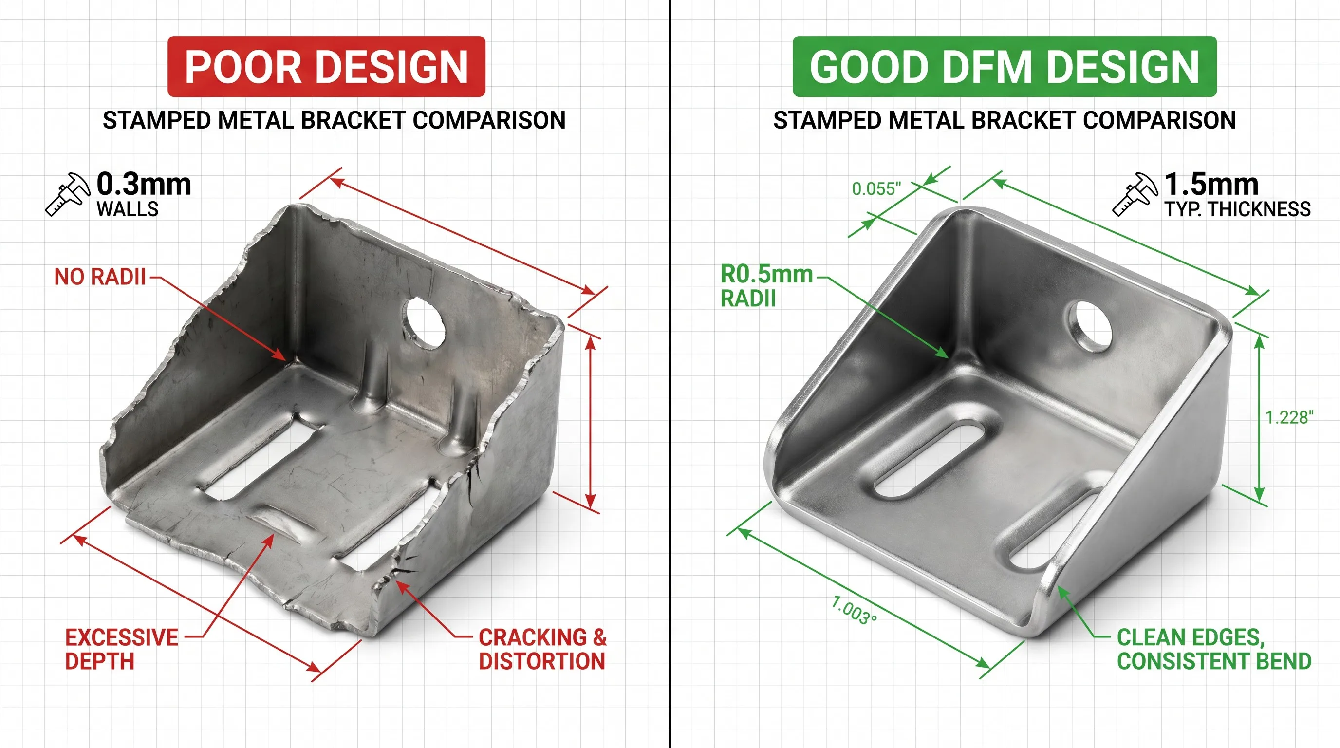 Poor design versus good DFM design comparison for stamped metal parts