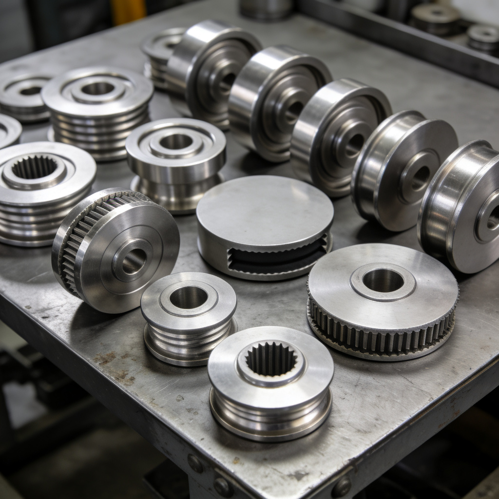 Various types of stainless steel pulleys arranged on workbench, different sizes and designs for engineering applications