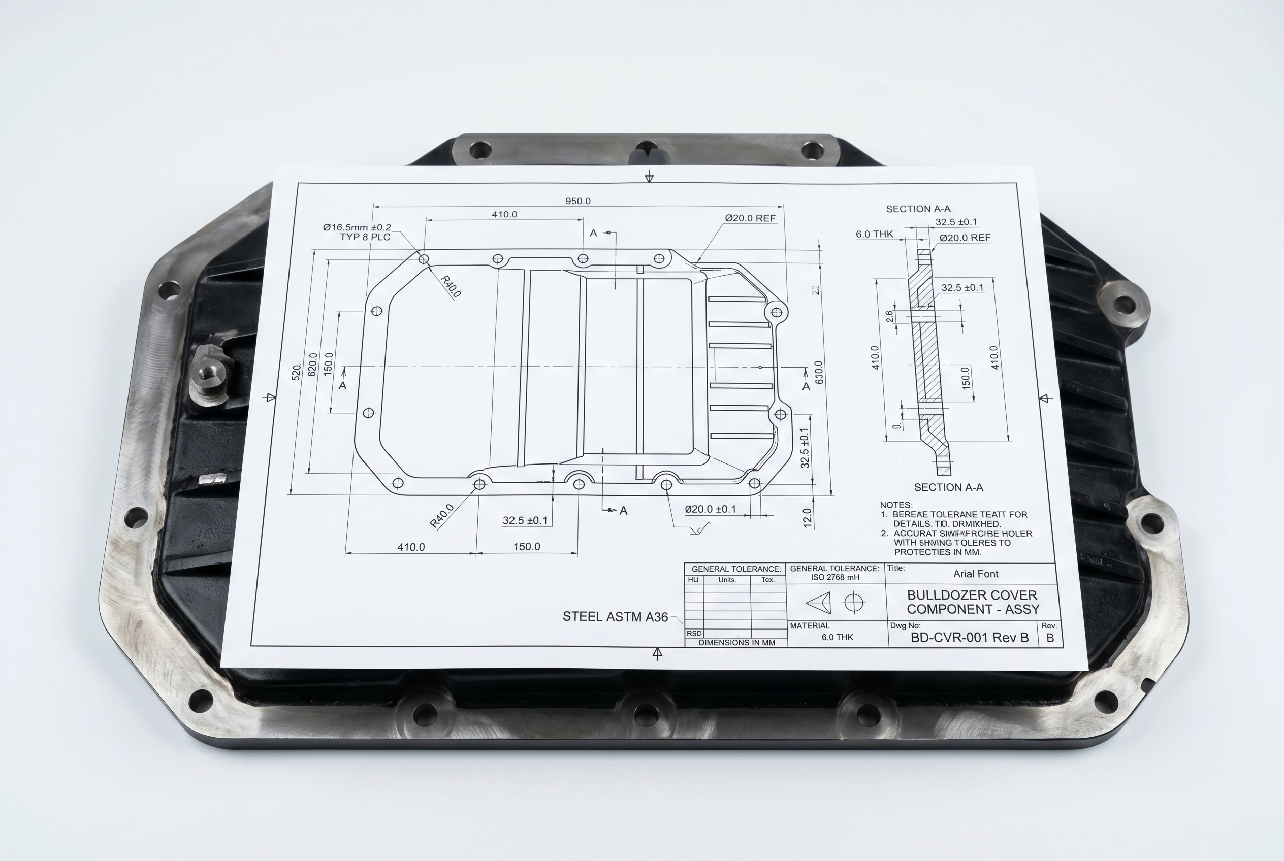 Technical drawing blueprint overlaid on machined bulldozer cover
