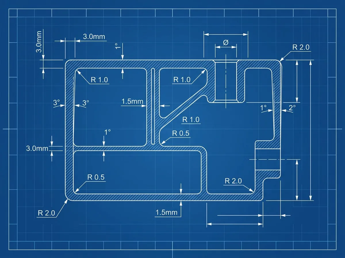 Die cast part design guidelines showing wall thickness reinforcing ribs fillets draft angle boss design and hole positioning cross-section