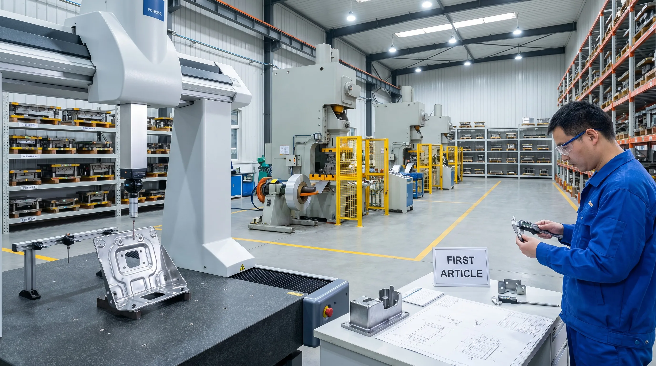 Quality control station with CMM inspection of stamped metal bracket in stamping factory