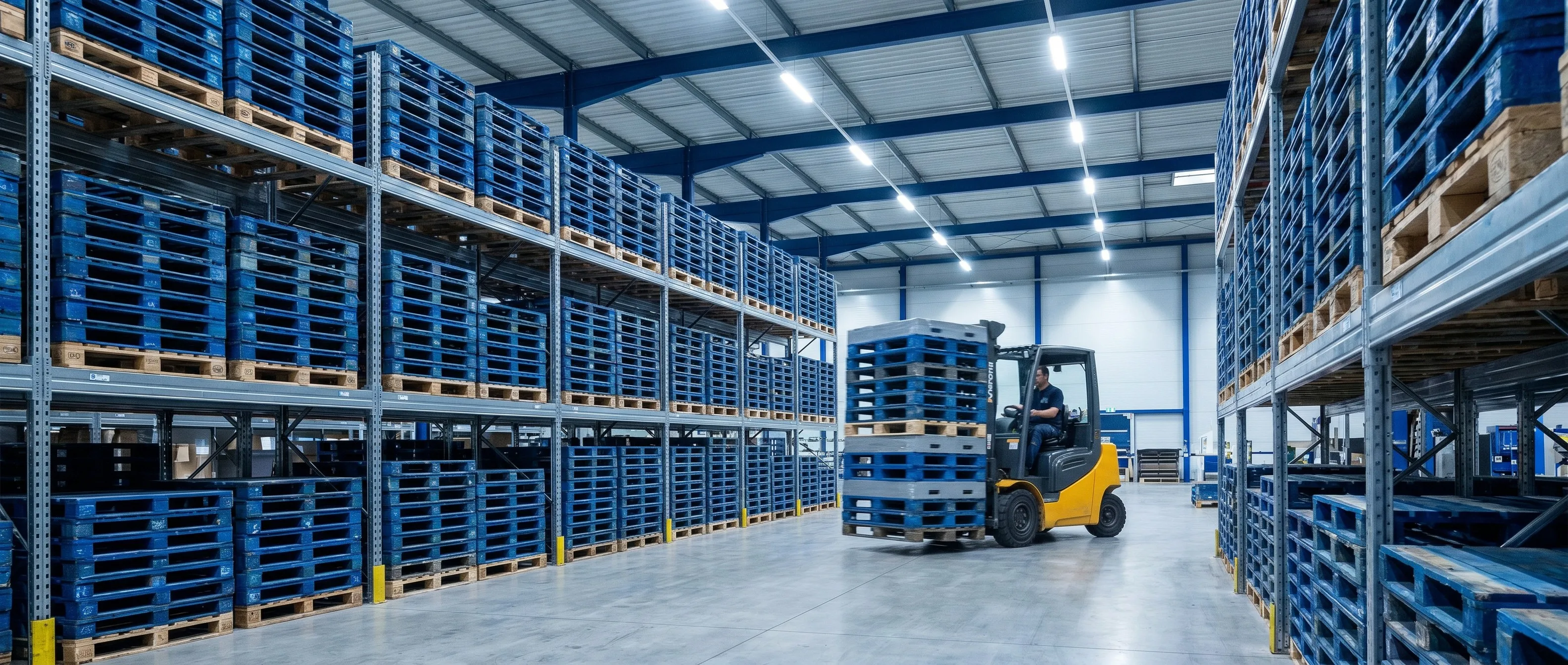 Industrial warehouse with plastic pallet inserts installed in heavy-duty pallets on storage racks