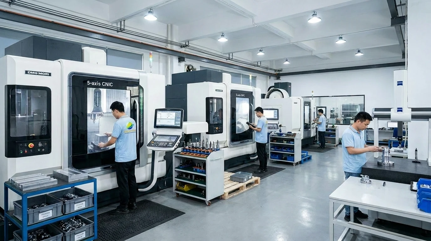 Goldcattle CNC manufacturing workshop interior with 5-axis and 3-axis milling centers, Chinese engineers in light blue polo shirts inspecting finished parts