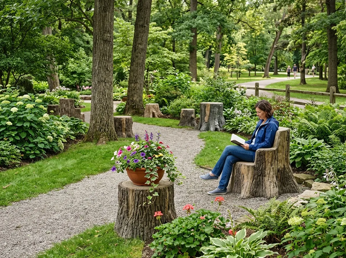 Decorative concrete tree stump products in outdoor garden landscape setting