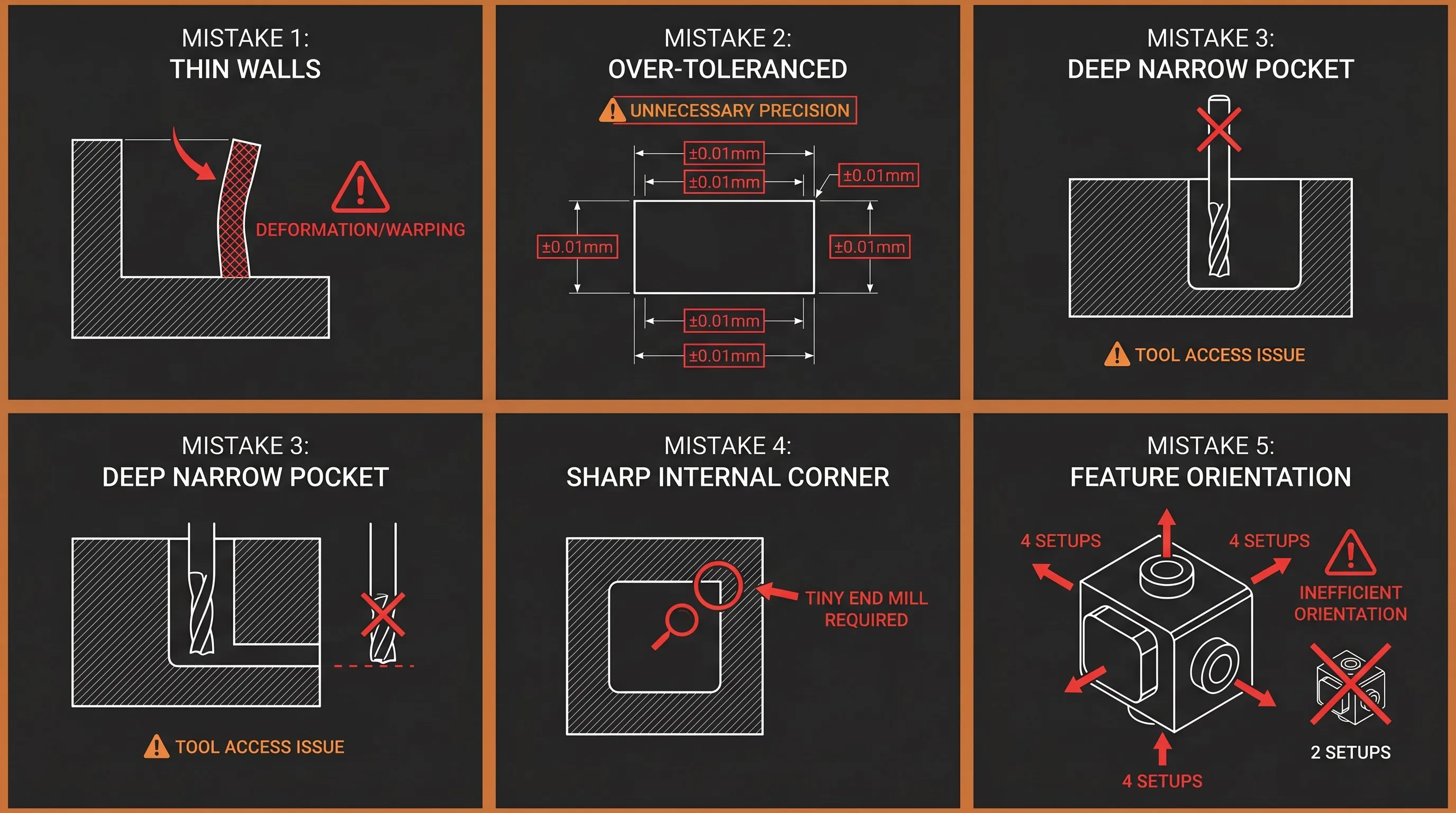 Five CNC design mistakes: thin walls deforming, over-toleranced drawing, deep narrow pocket, sharp internal corner, and multi-setup feature orientation