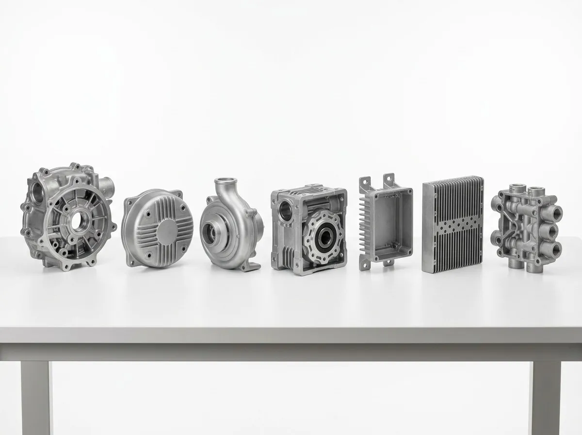 Die cast aluminum components display showing automotive housing motor cover pump body gearbox casing heat sink and valve body