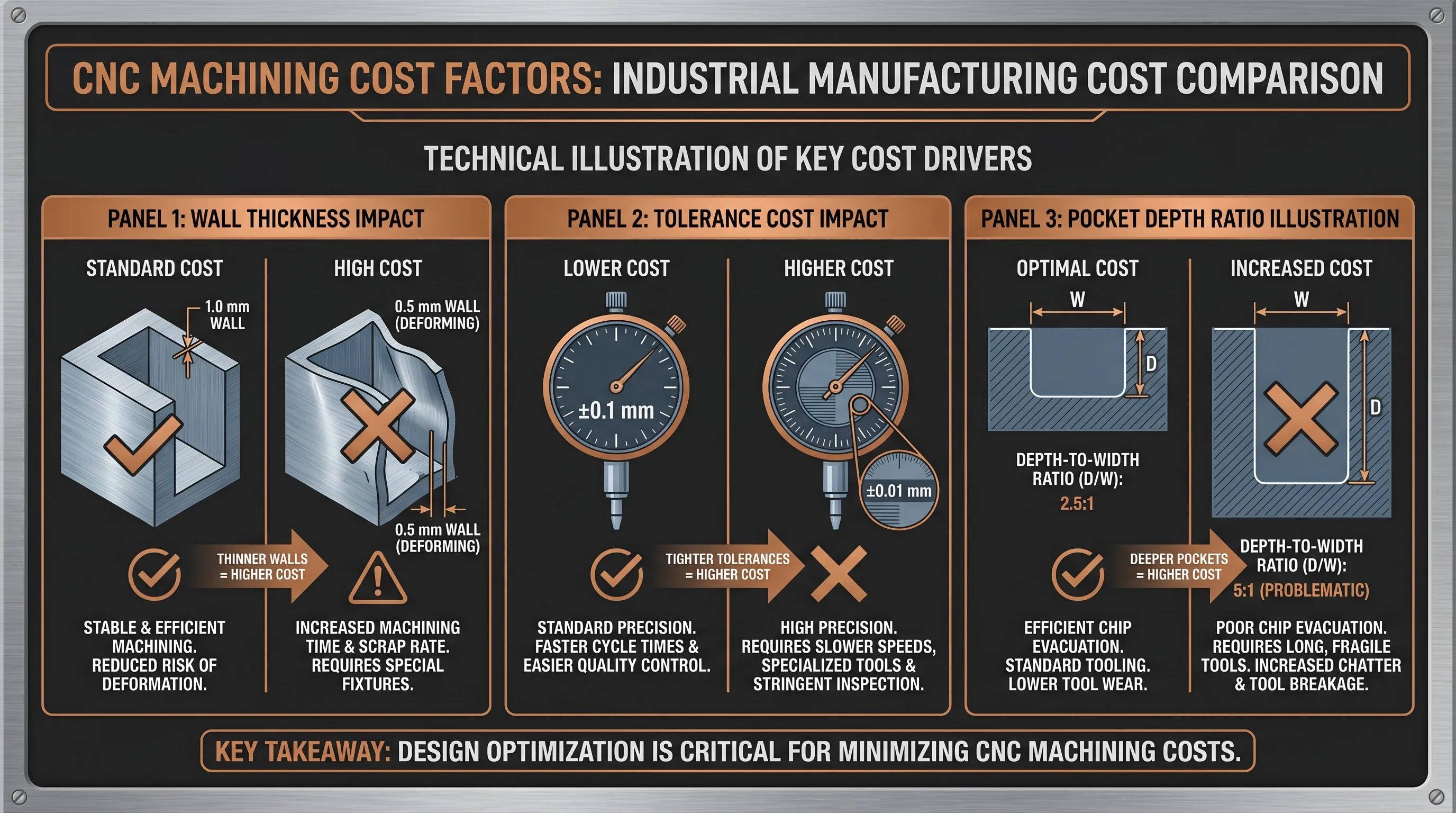 CNC machining wall thickness cost factors: aluminum wall samples, tolerance cost impact gauge, and pocket depth ratio comparison