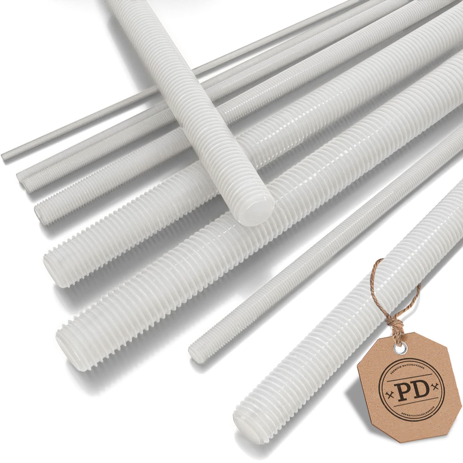 Plastic threaded rods samples in different sizes