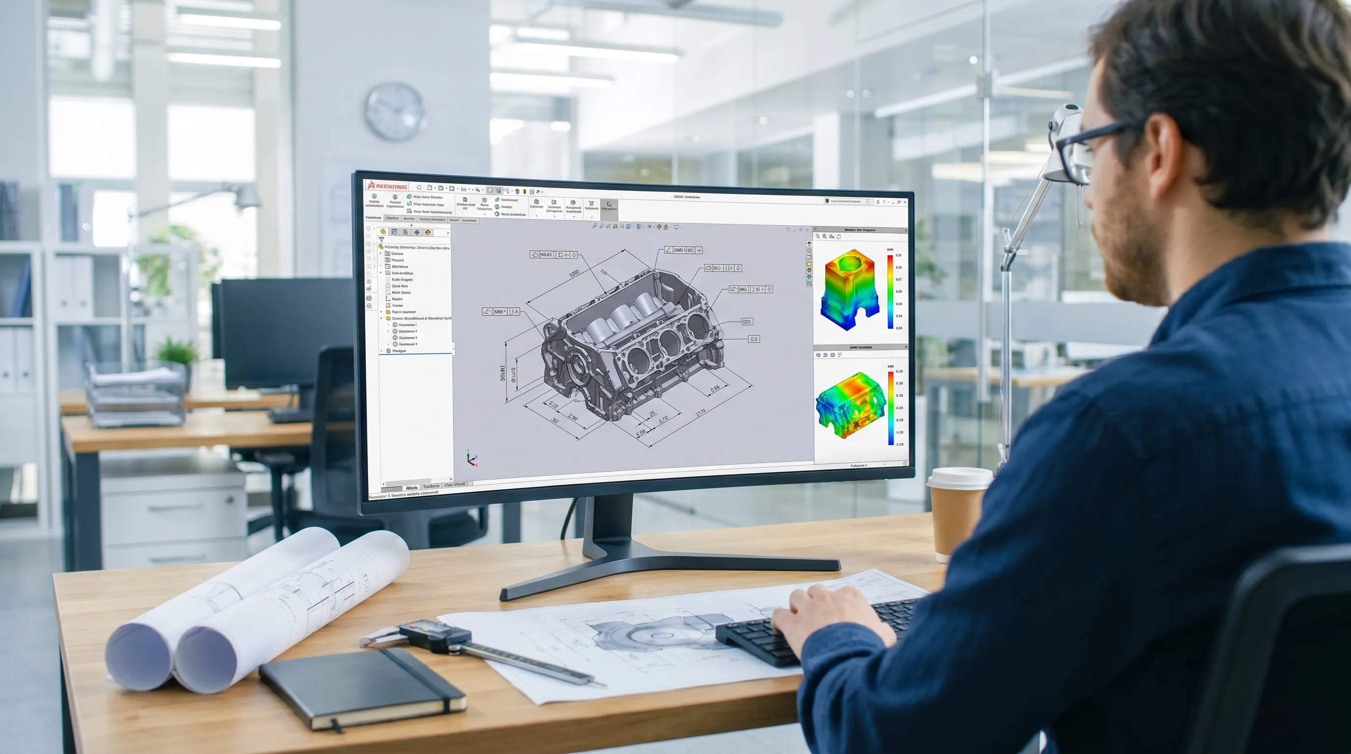 DFM drawing review & engineering analysis on computer screen