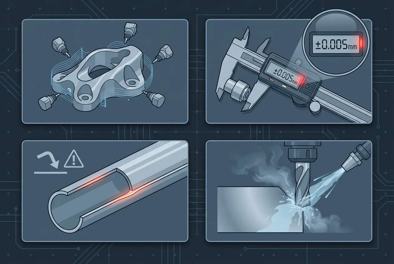 5-axis CNC manufacturing challenges: complex geometry, tight tolerance, thin-wall deformation, and difficult materials