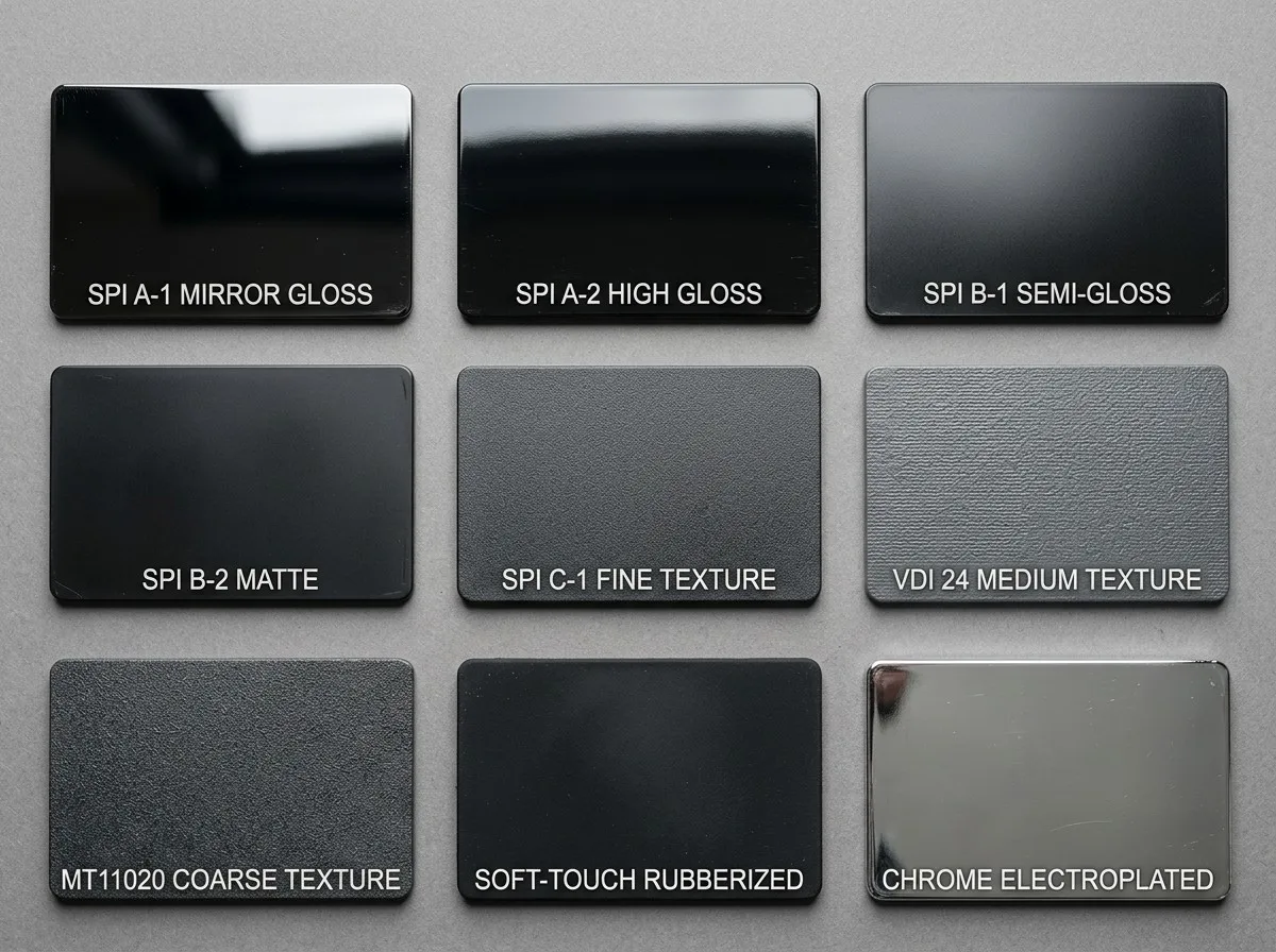 Surface finish sample plaques for injection molded ABS showing SPI gloss, VDI texture, MT Mold Tech texture, soft-touch, and chrome plating options
