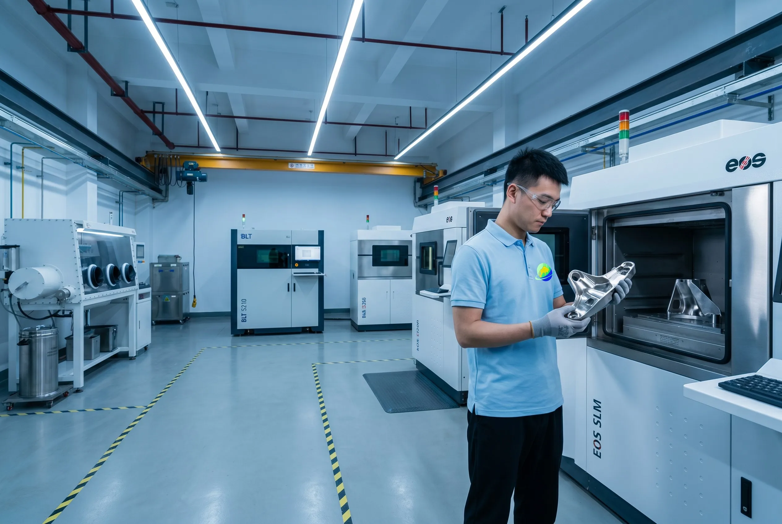 Chinese technician in light blue PRO polo shirt with bull-sphere-ring logo at Goldcattle metal 3D printing workshop examining SLM printed stainless steel aerospace bracket