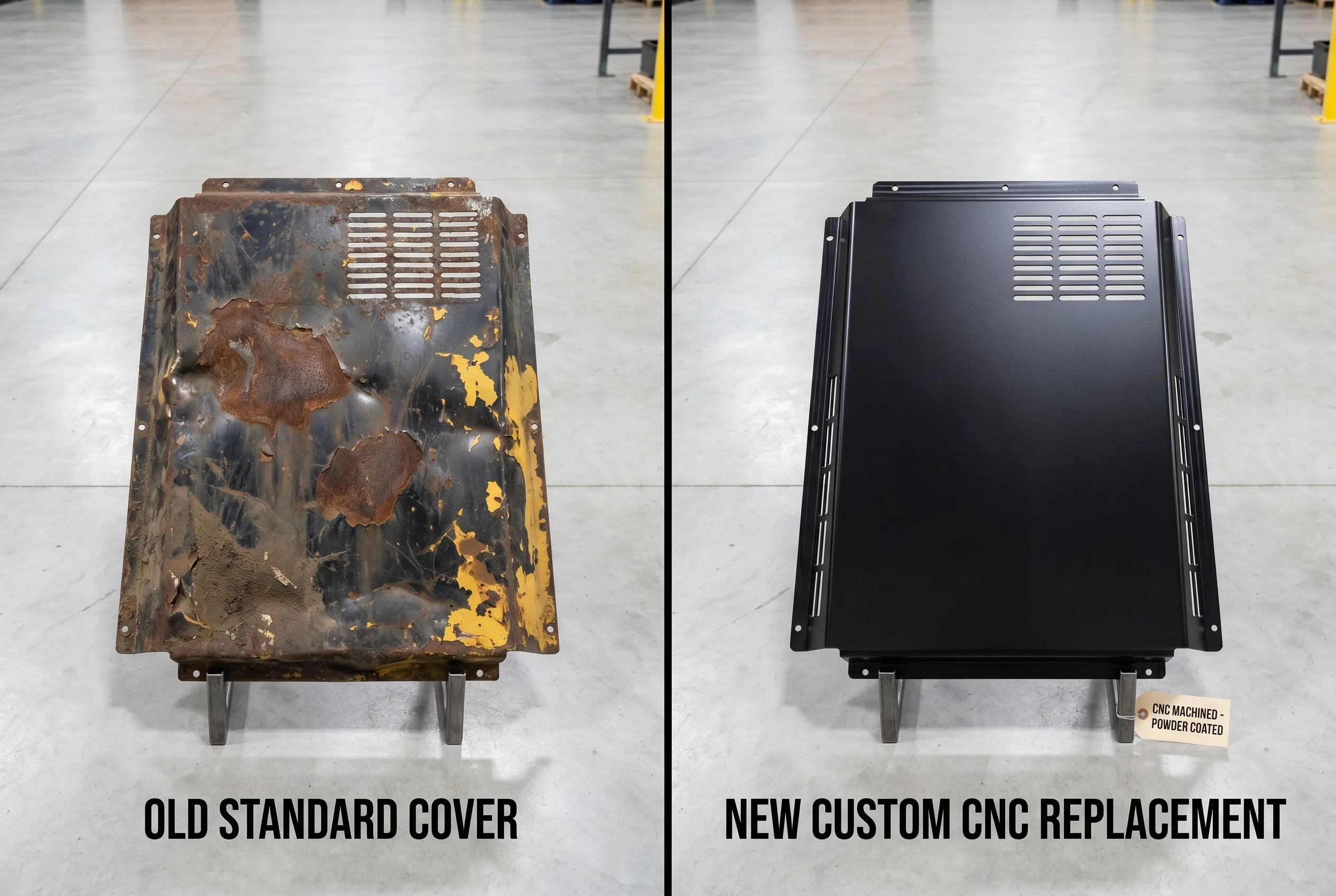 Comparison: worn standard cover vs new custom CNC machined replacement