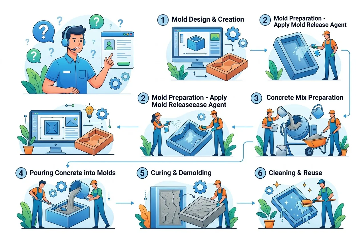 FAQ visual illustration showing concrete mold manufacturing process steps, mold release application and concrete casting procedures