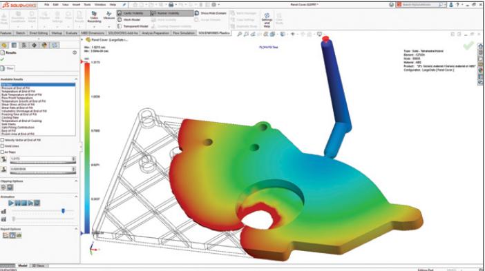 Mold flow analysis software interface showing plastic filling simulation