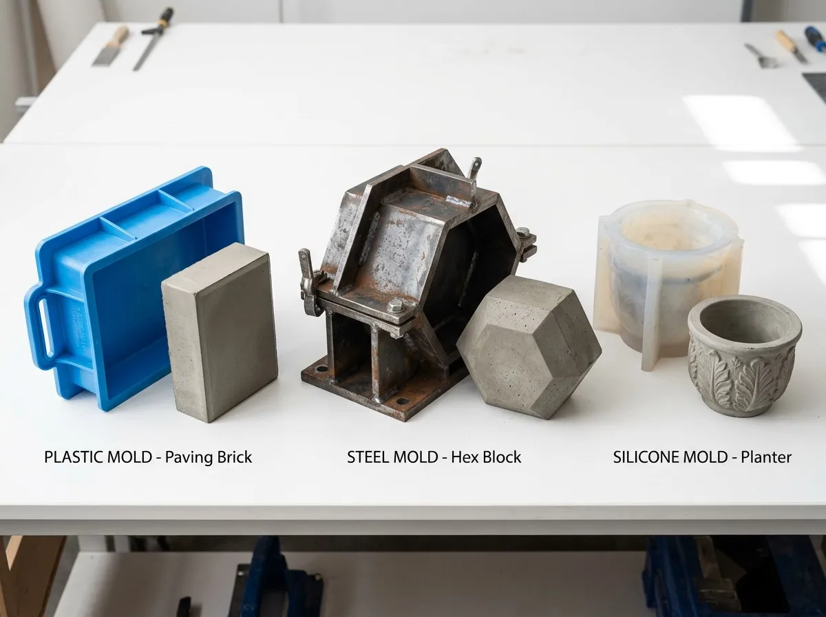 Side-by-side comparison of plastic mold steel mold and silicone rubber mold for concrete products
