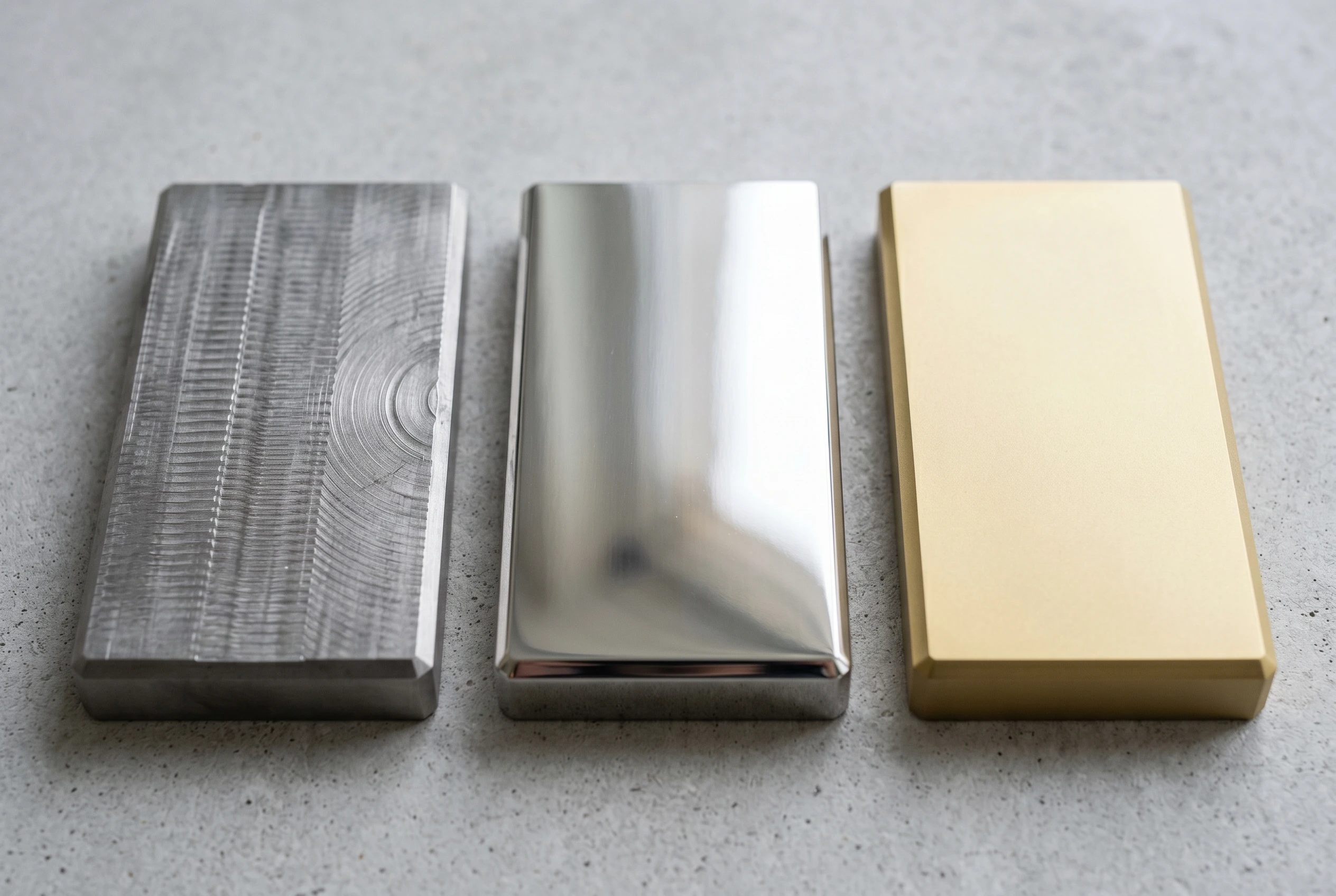 Titanium surface finish comparison: raw machined, polished mirror, and anodized gold surface samples