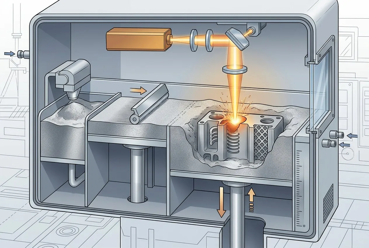 Powder-bed fusion process showing laser melting powder layer inside build chamber