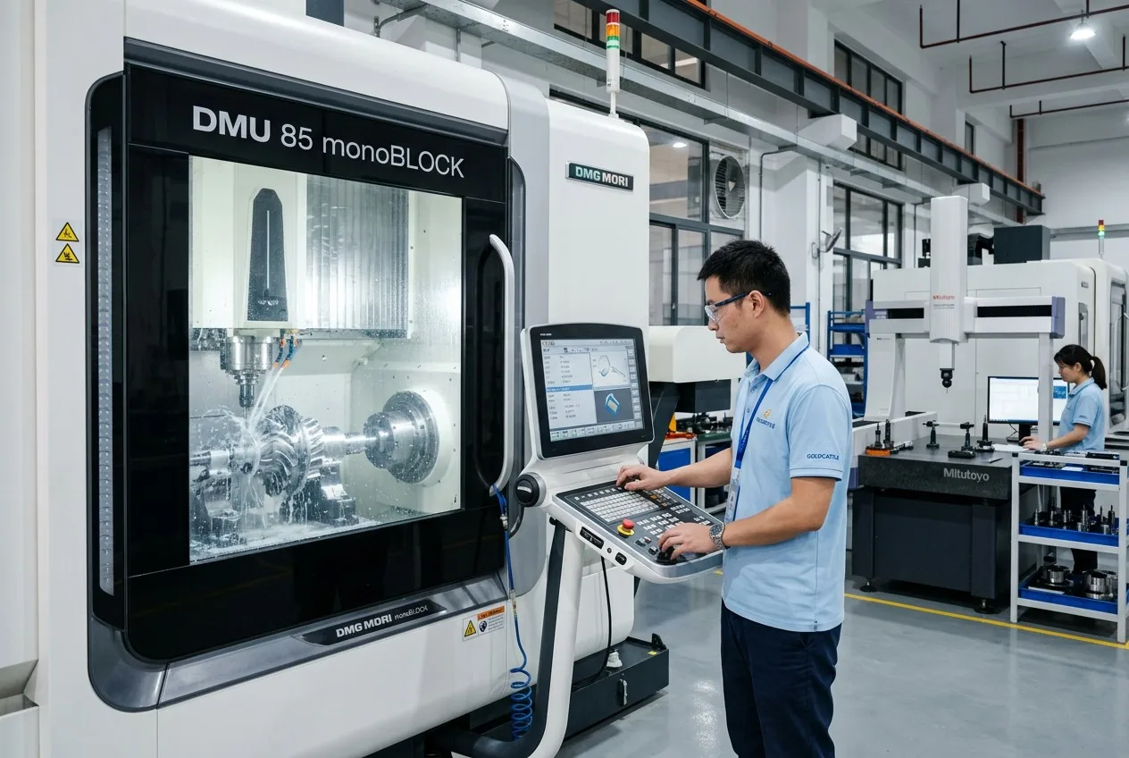 Xiamen Goldcattle technician operating 5-axis CNC machine