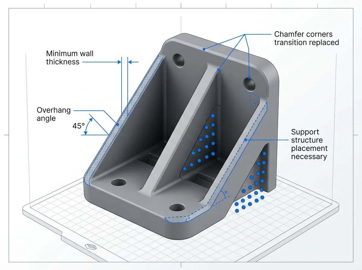 Design for Manufacturing DfM guidelines for 3D printing showing wall thickness and overhang angles