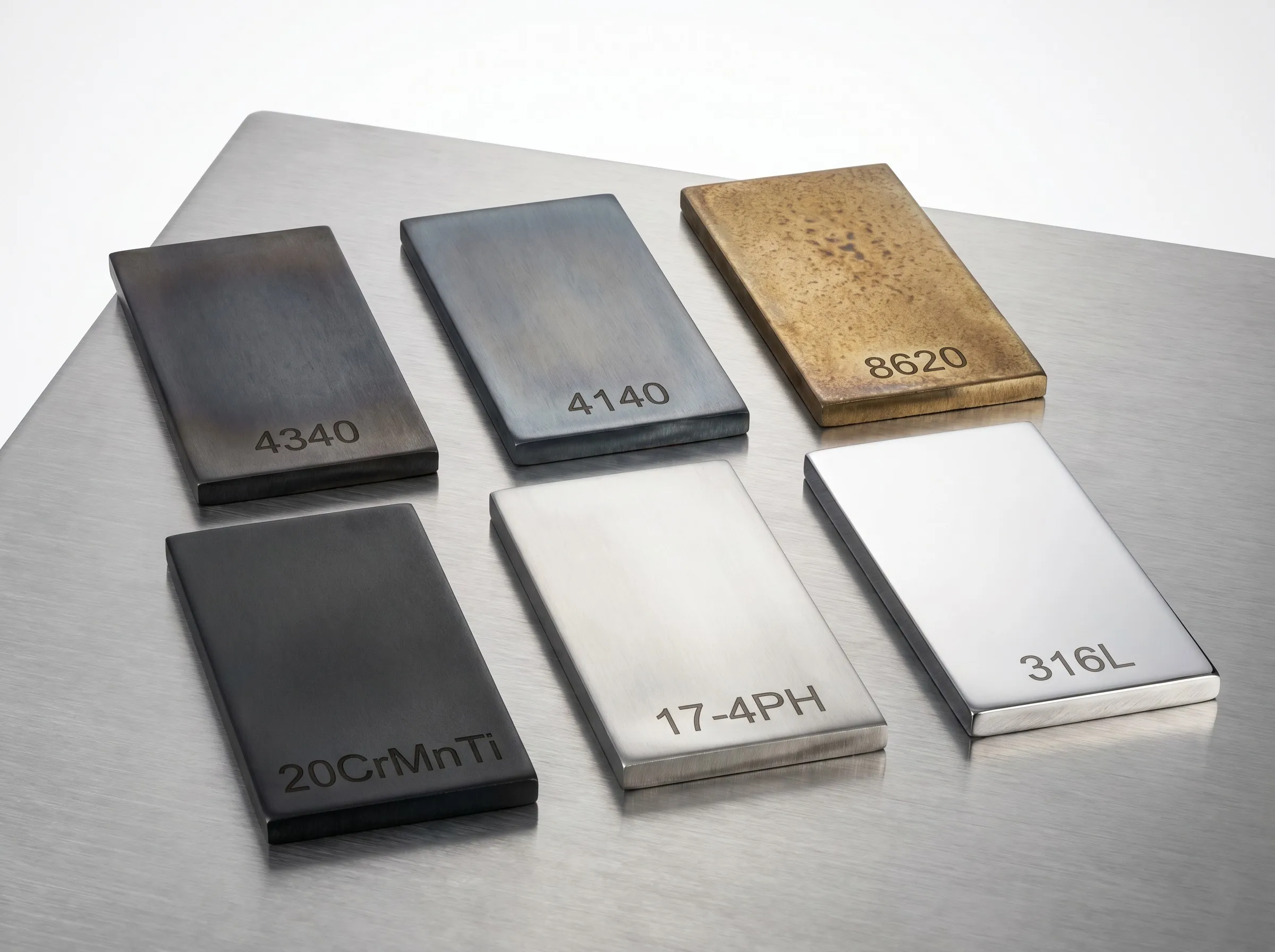 Alloy steel material samples for gear manufacturing showing 4340, 4140, 8620, 20CrMnTi, 17-4PH, and 316L coupons with different surface treatments