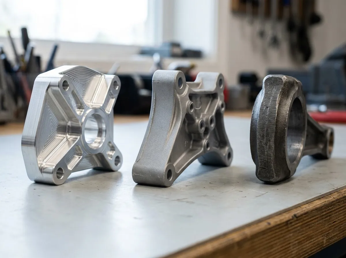 Side-by-side comparison of CNC machined billet part, die cast aluminum part, and forged steel part on white workbench