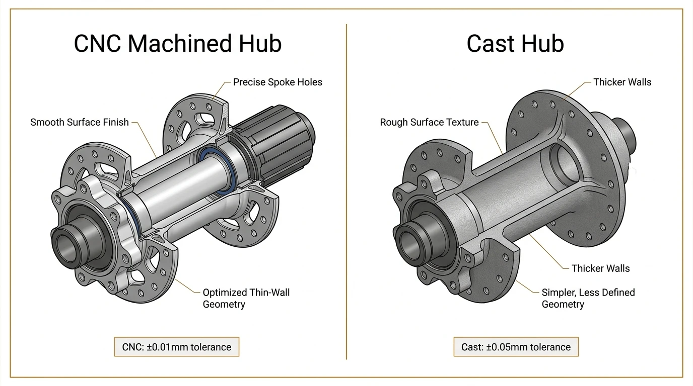 CNC machined bicycle hub versus cast hub comparison showing precision, weight and surface finish differences