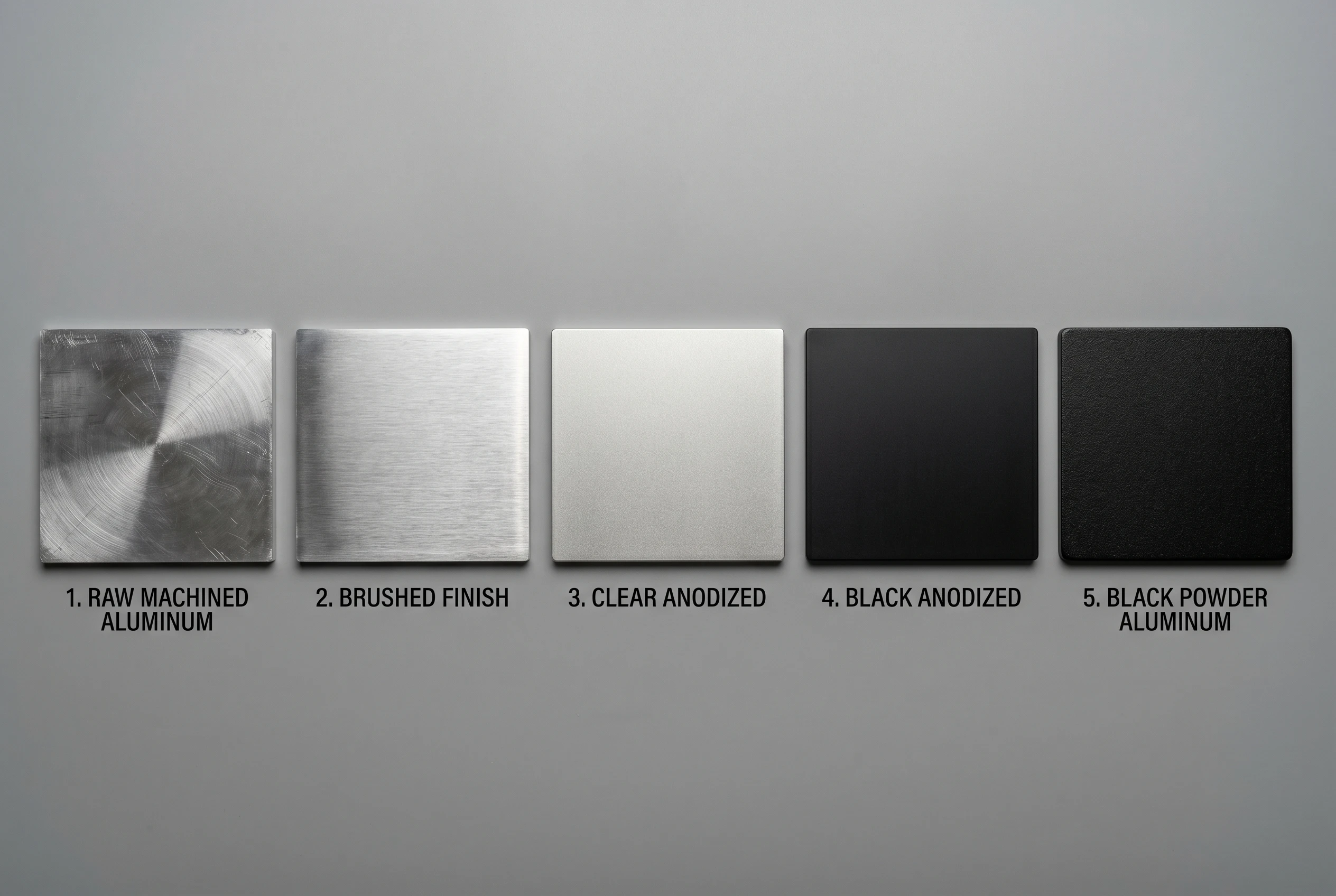 Aluminum surface finish samples: raw, brushed, clear anodized, black anodized, powder coated