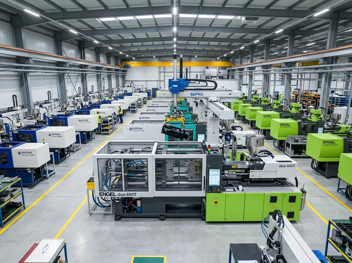 Injection molding machines ranging from 80T to 650T clamping force at Goldcattle factory with robotic arm part extraction and organized production lines