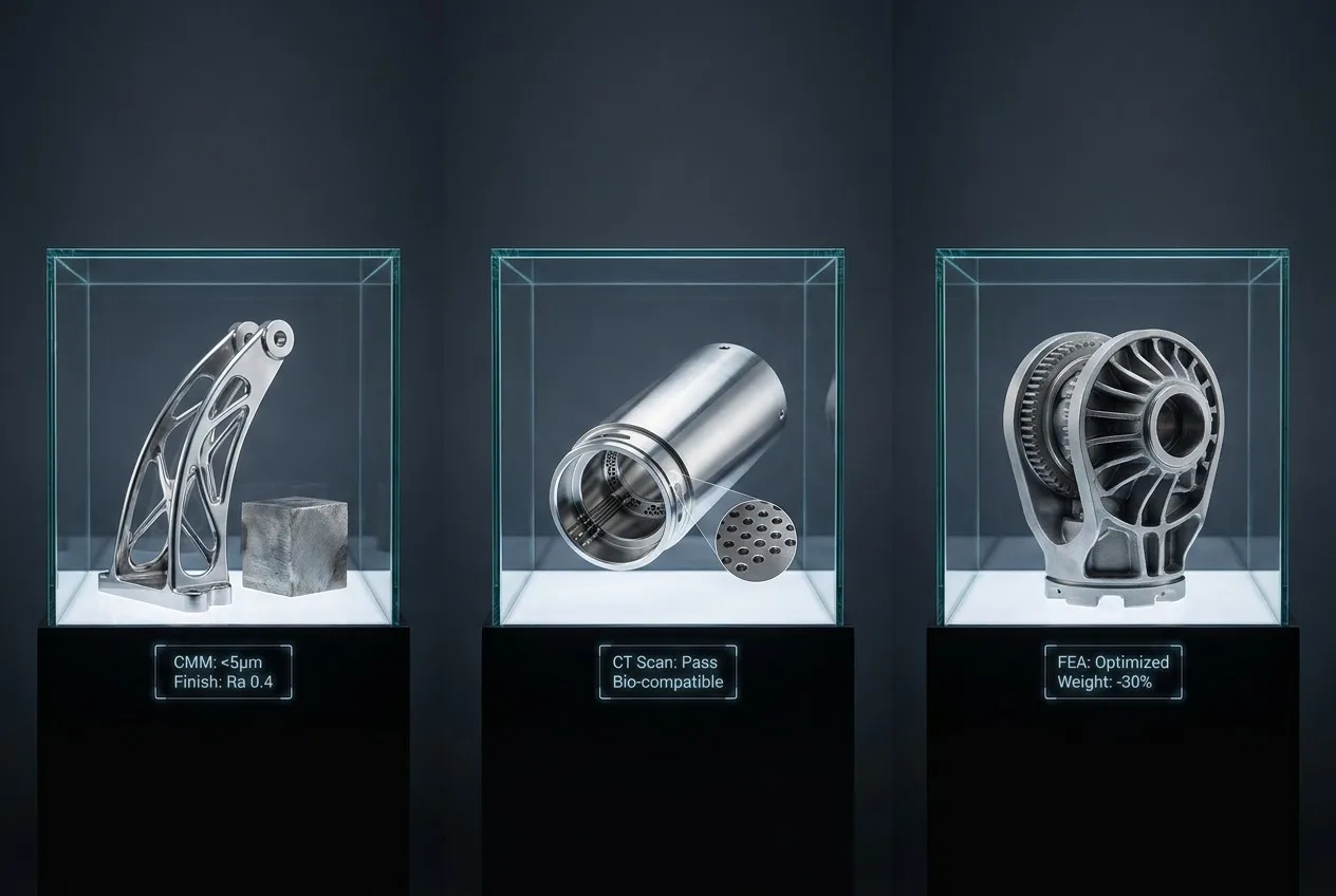 Three successful 5-axis CNC case study projects: aerospace bracket, medical titanium housing, and robotics joint component