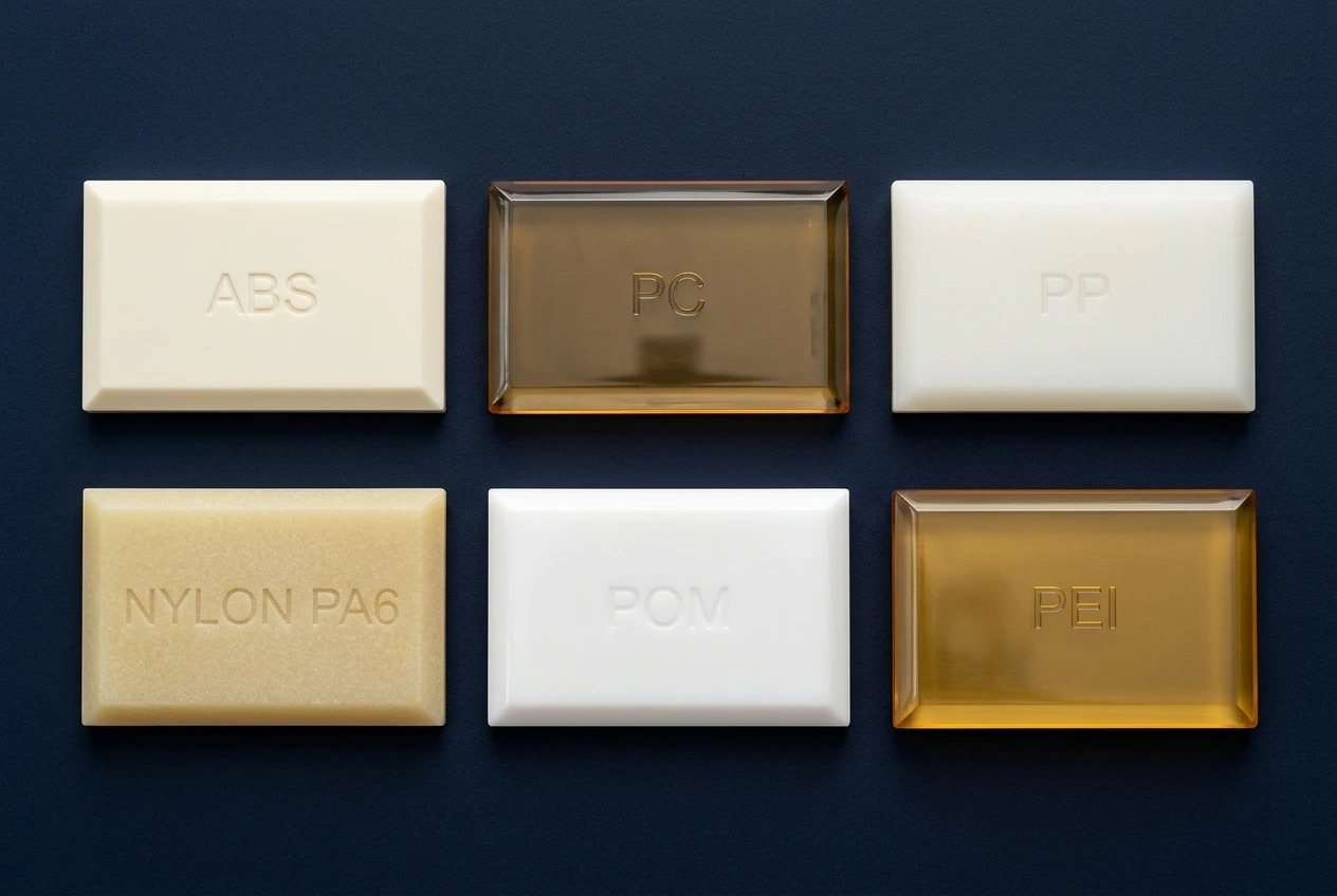 Six engineering plastic material samples showing ABS, polycarbonate, PP, nylon PA6, POM and PEI with characteristic colors and textures