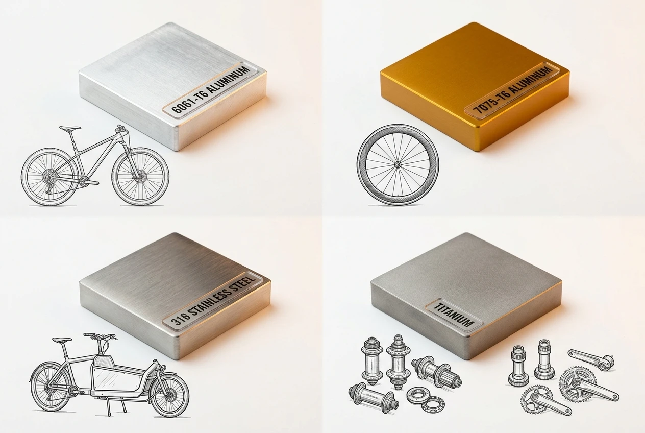 Four bicycle hub material samples: 6061 aluminum, 7075 aluminum, 316 stainless steel and titanium