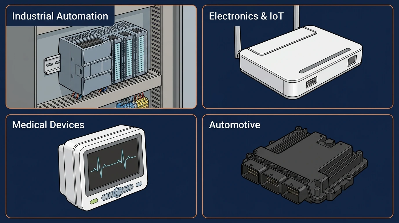 Four application sectors for injection molded plastic housings: industrial automation, electronics IoT, medical devices and automotive