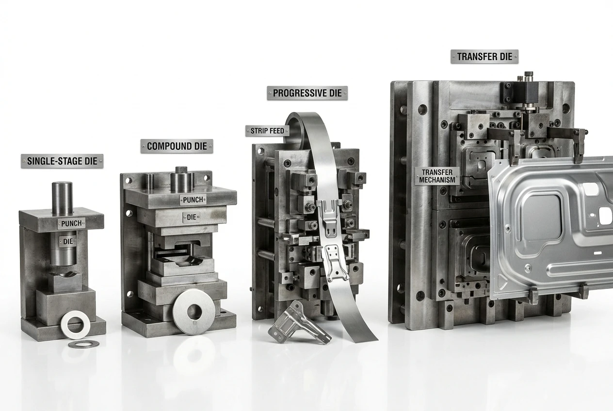 Four stamping die types comparison single-stage compound progressive transfer